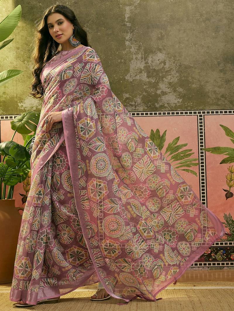 mauve linen cotton blend digital printed ethnic motif saree