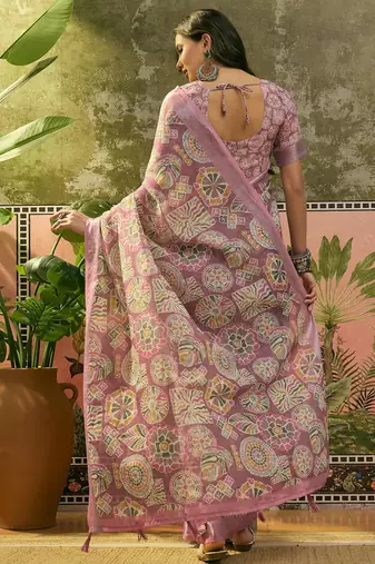 mauve linen cotton blend digital printed ethnic motif saree