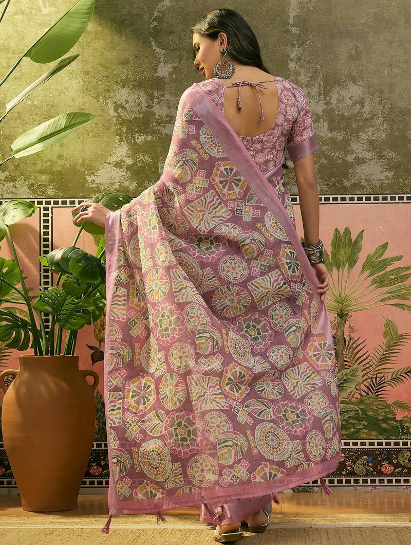 mauve linen cotton blend digital printed ethnic motif saree