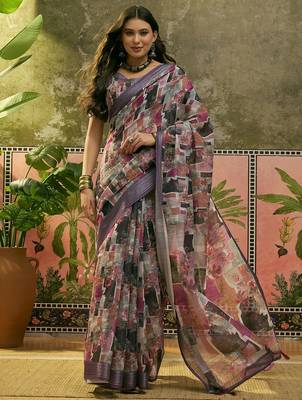 purple linen cotton blend digital printed abstract saree 1