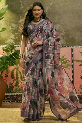 purple linen cotton blend digital printed abstract saree