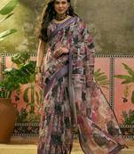 purple linen cotton blend digital printed abstract saree