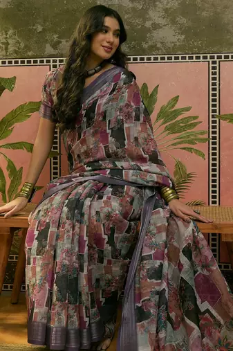 purple linen cotton blend digital printed abstract saree