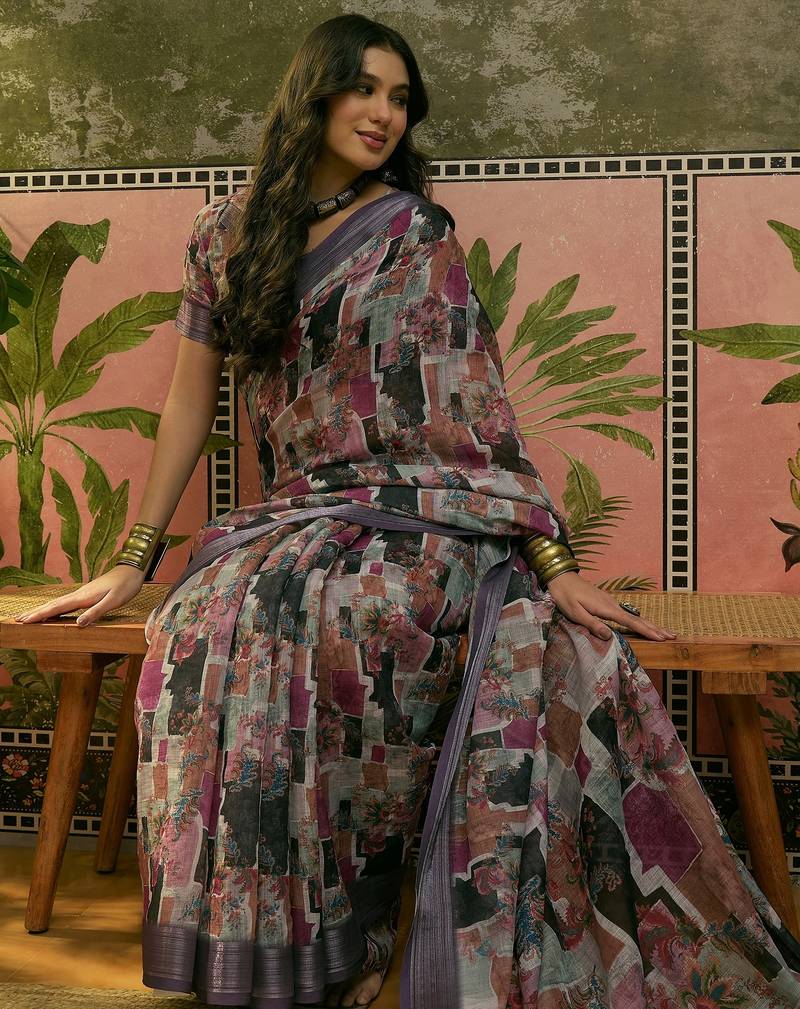 purple linen cotton blend digital printed abstract saree