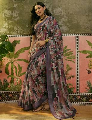 purple linen cotton blend digital printed abstract saree 3