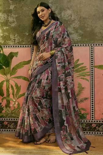 purple linen cotton blend digital printed abstract saree