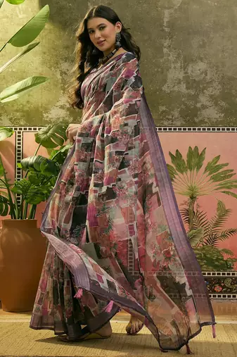 purple linen cotton blend digital printed abstract saree