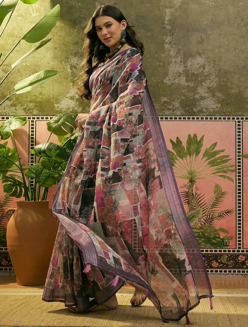 purple linen cotton blend digital printed abstract saree