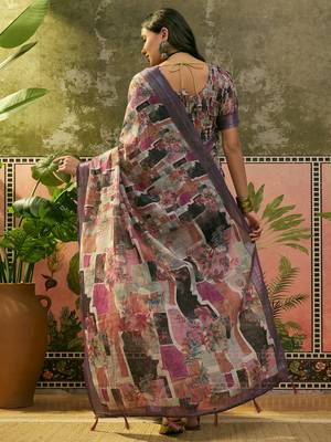 purple linen cotton blend digital printed abstract saree 5