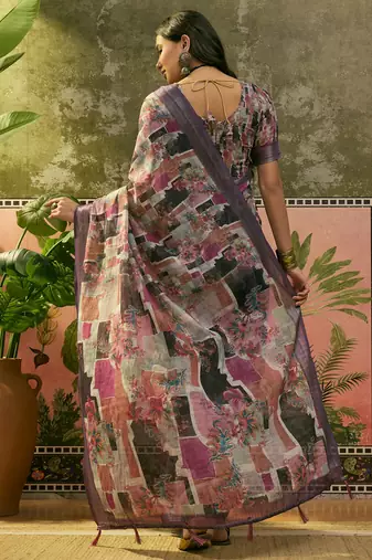 purple linen cotton blend digital printed abstract saree