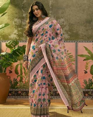 pink linen cotton blend digital printed floral saree 1