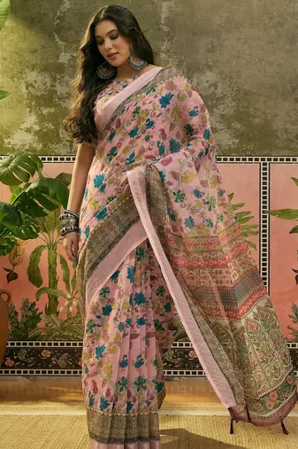 pink linen cotton blend digital printed floral saree