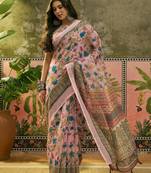pink linen cotton blend digital printed floral saree