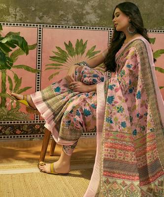 pink linen cotton blend digital printed floral saree 2