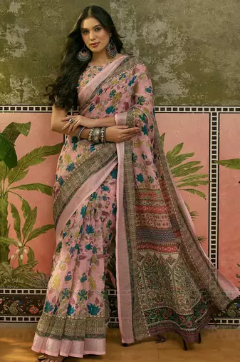 pink linen cotton blend digital printed floral saree
