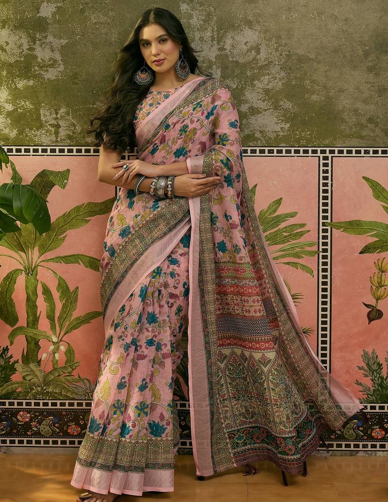 pink linen cotton blend digital printed floral saree