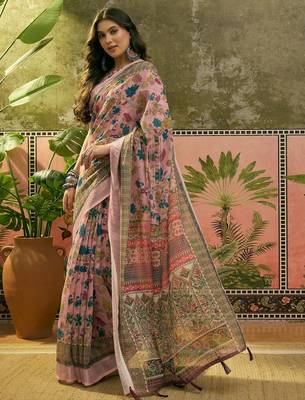 pink linen cotton blend digital printed floral saree 4