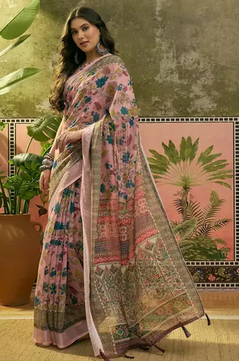 pink linen cotton blend digital printed floral saree