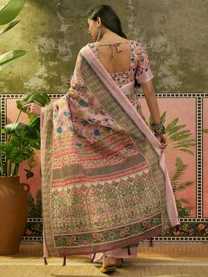 pink linen cotton blend digital printed floral saree 5