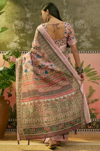 pink linen cotton blend digital printed floral saree