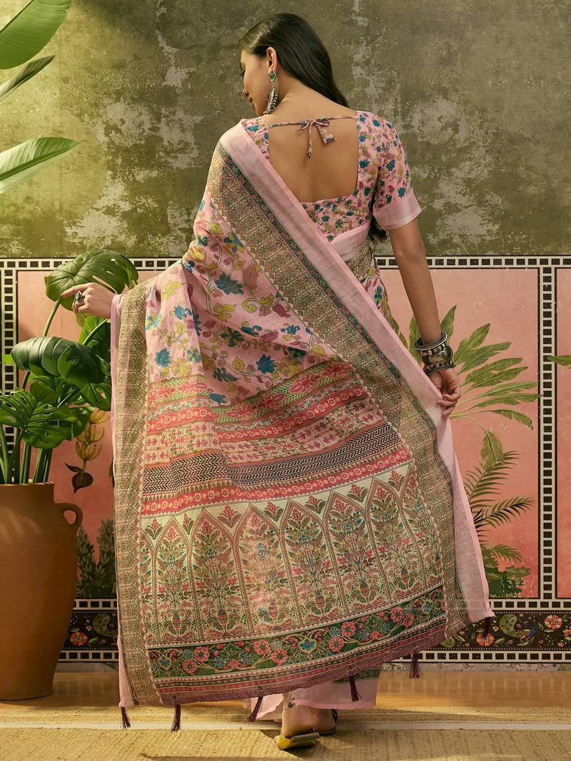 pink linen cotton blend digital printed floral saree