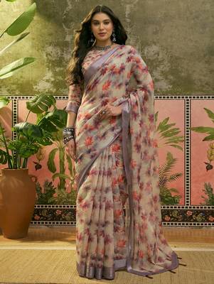 grey linen cotton blend digital printed floral saree 1