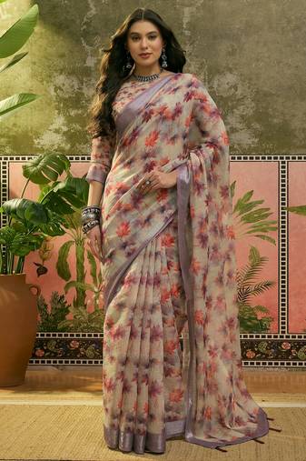 grey linen cotton blend digital printed floral saree
