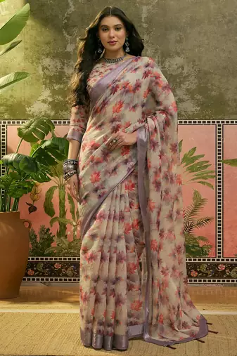 grey linen cotton blend digital printed floral saree