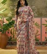 grey linen cotton blend digital printed floral saree