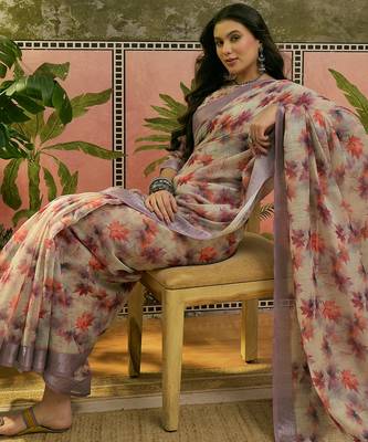 grey linen cotton blend digital printed floral saree 2