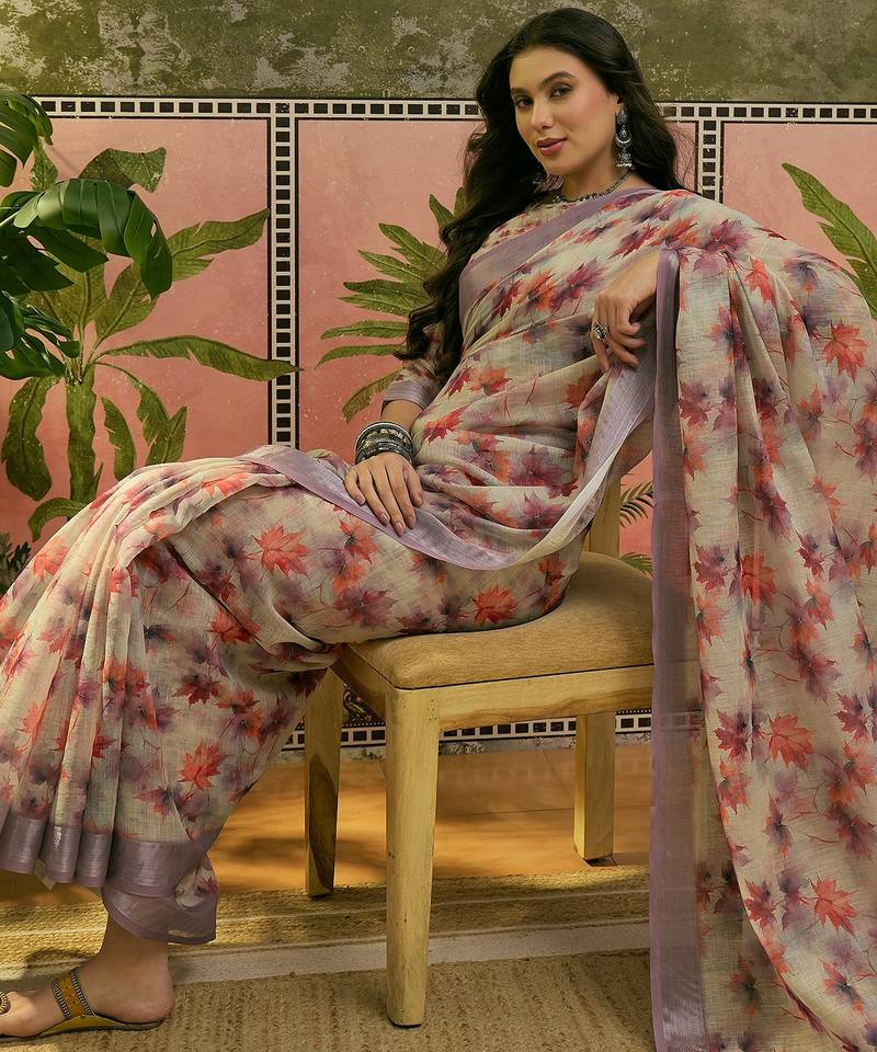 grey linen cotton blend digital printed floral saree