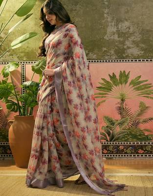 grey linen cotton blend digital printed floral saree 3