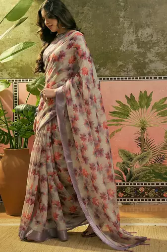 grey linen cotton blend digital printed floral saree