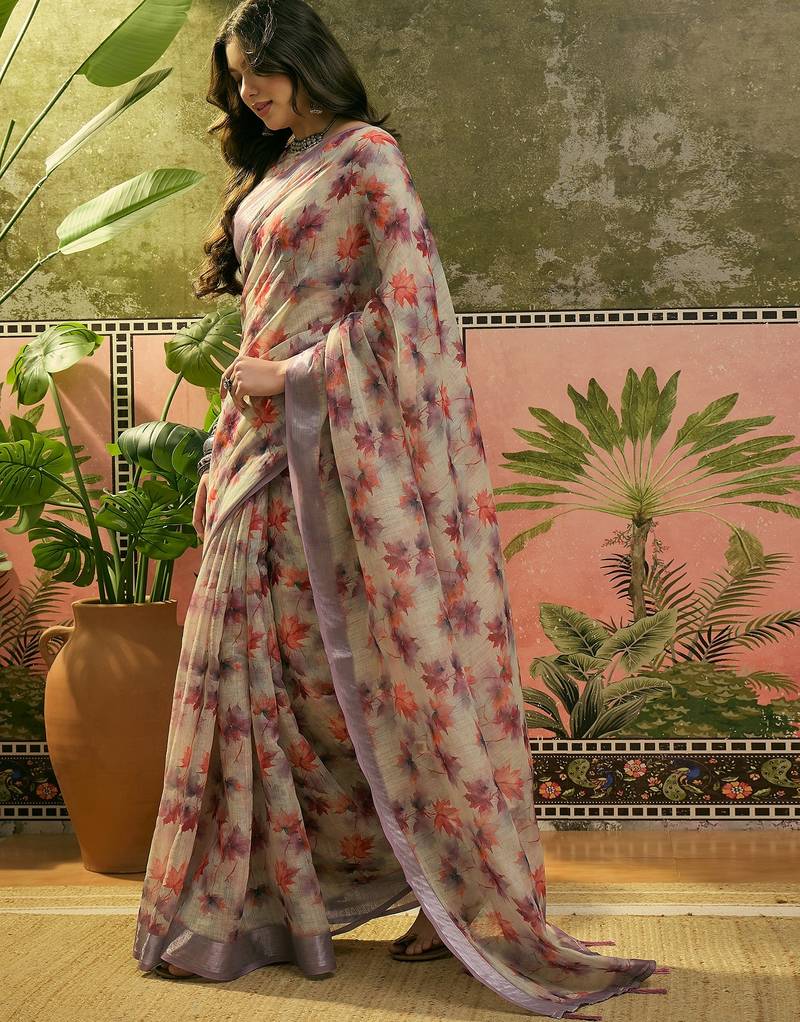 grey linen cotton blend digital printed floral saree