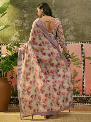 grey linen cotton blend digital printed floral saree 5