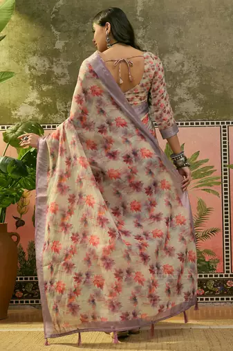 grey linen cotton blend digital printed floral saree