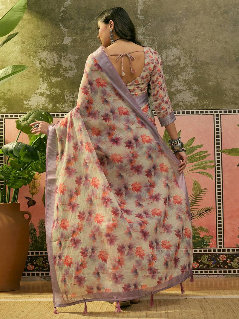 grey linen cotton blend digital printed floral saree