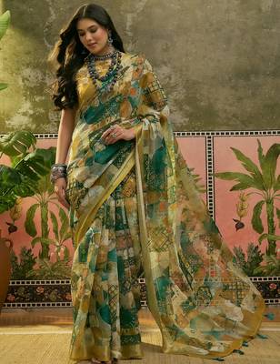 green linen cotton blend digital printed abstract saree 1