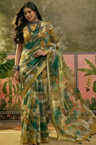 green linen cotton blend digital printed abstract saree