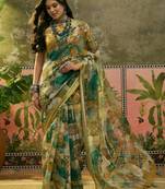 green linen cotton blend digital printed abstract saree