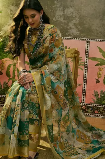 green linen cotton blend digital printed abstract saree