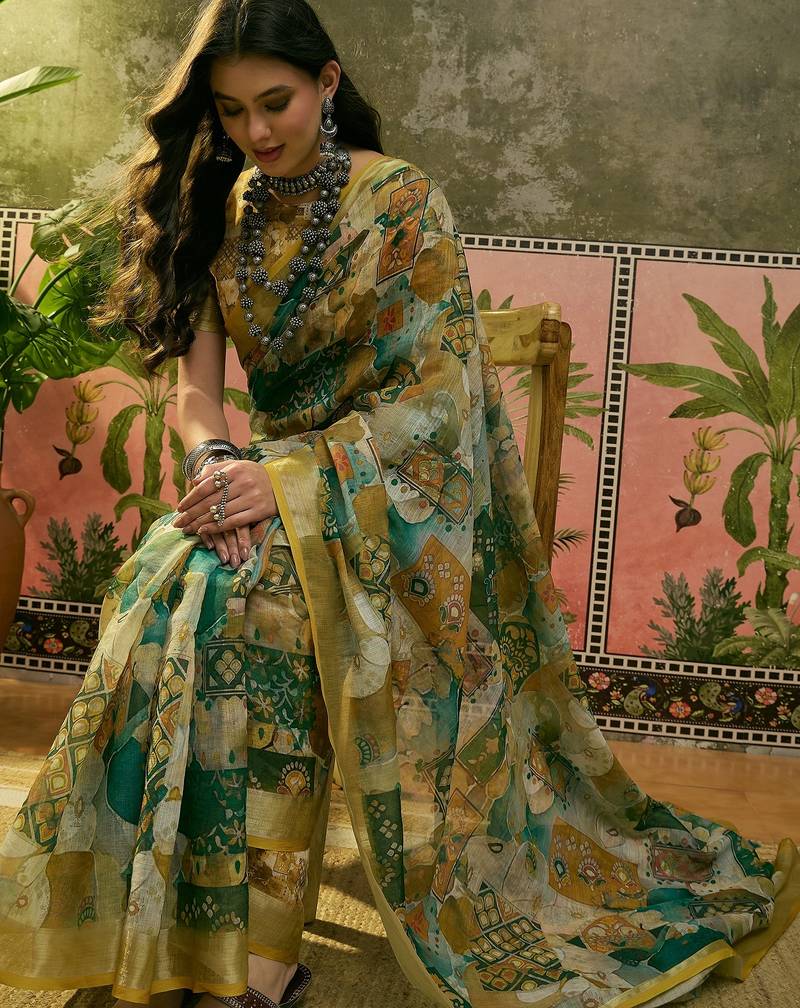 green linen cotton blend digital printed abstract saree