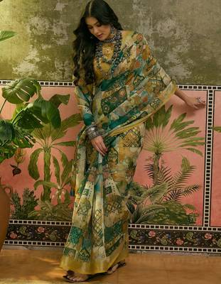 green linen cotton blend digital printed abstract saree 3