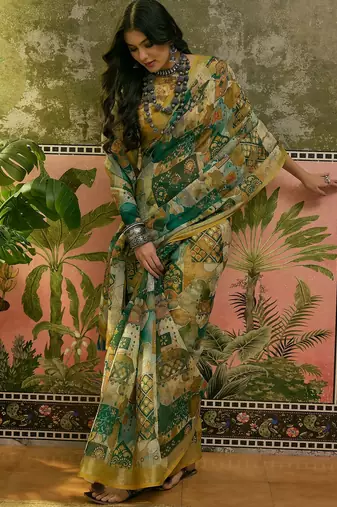 green linen cotton blend digital printed abstract saree