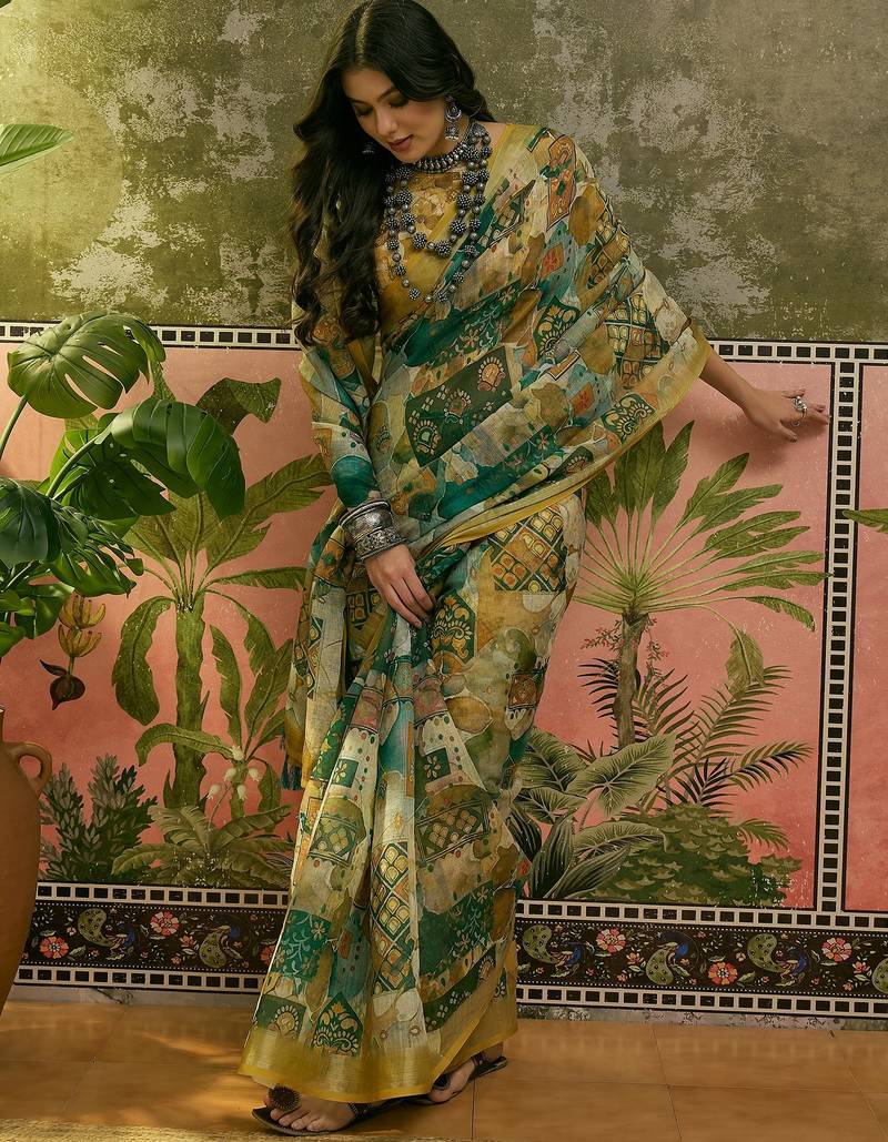 green linen cotton blend digital printed abstract saree