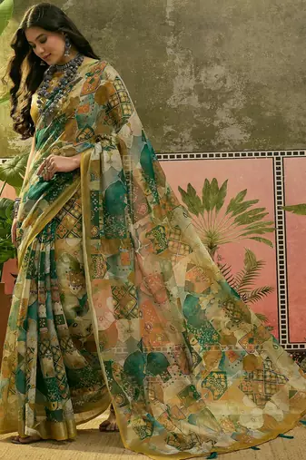 green linen cotton blend digital printed abstract saree