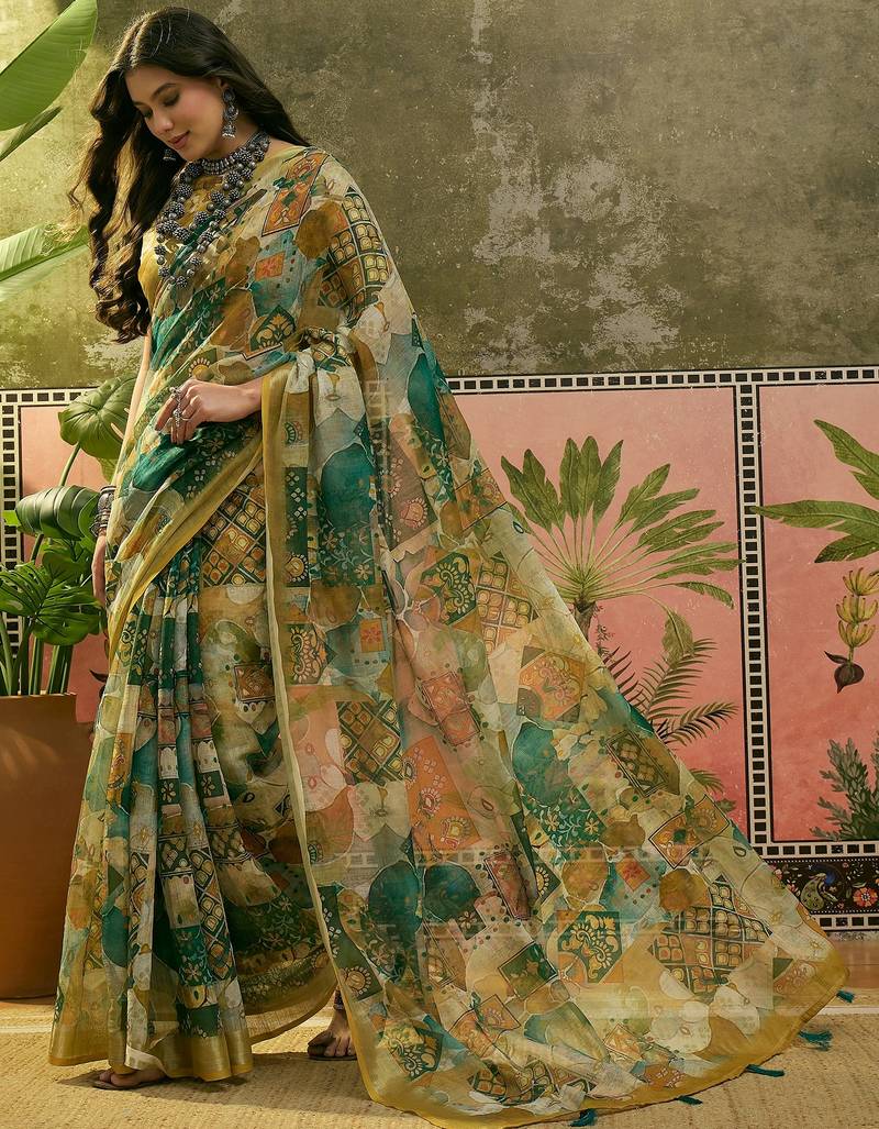 green linen cotton blend digital printed abstract saree