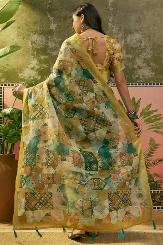 green linen cotton blend digital printed abstract saree