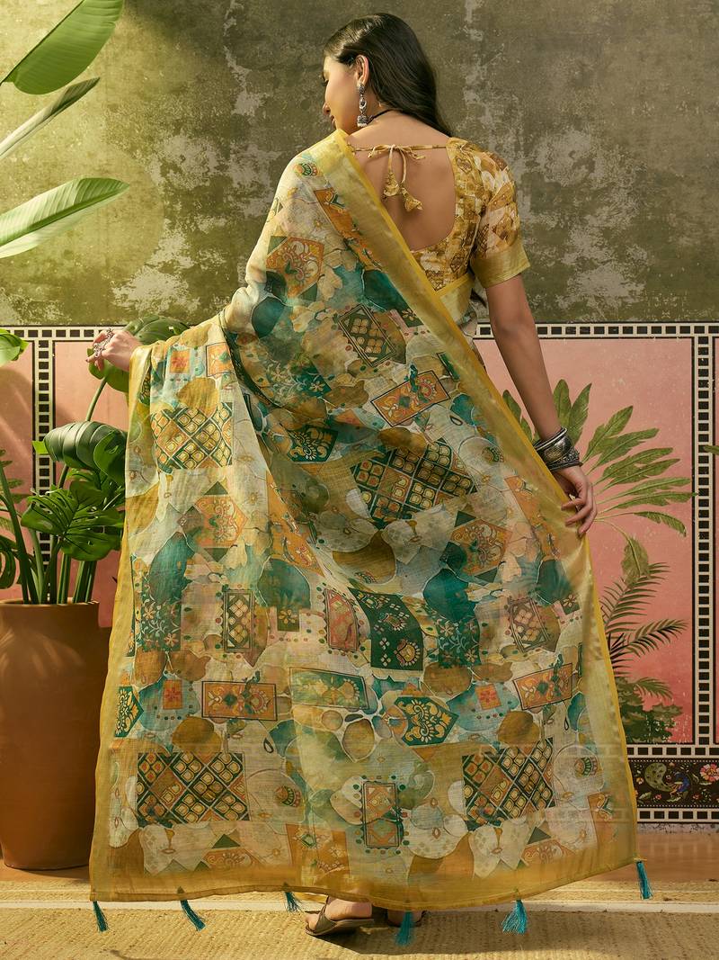 green linen cotton blend digital printed abstract saree