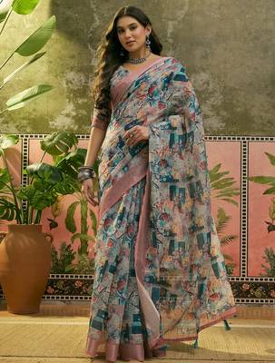 multicolour linen cotton blend digital printed abstract saree 1